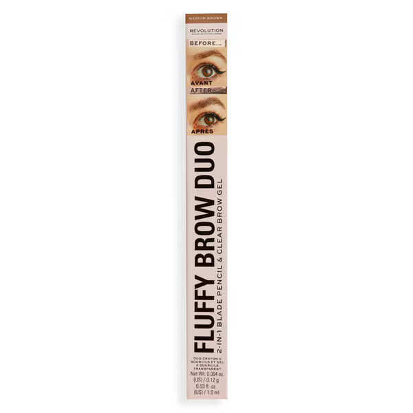 Revolution Fluffy Brow Duo 2-In-1 Blade Pencil & Clear Brow Gel Medium Brown - Beautynstyle